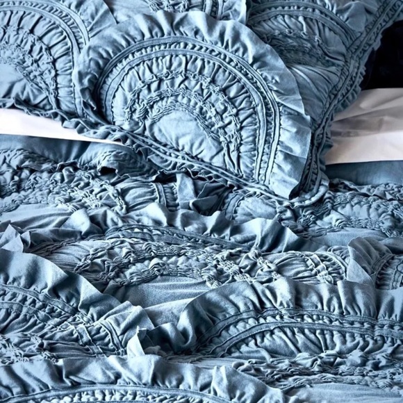 Anthropologie Rivulets Quilt Textured Ruffles Medium Blue Queen Size - Picture 2 of 6